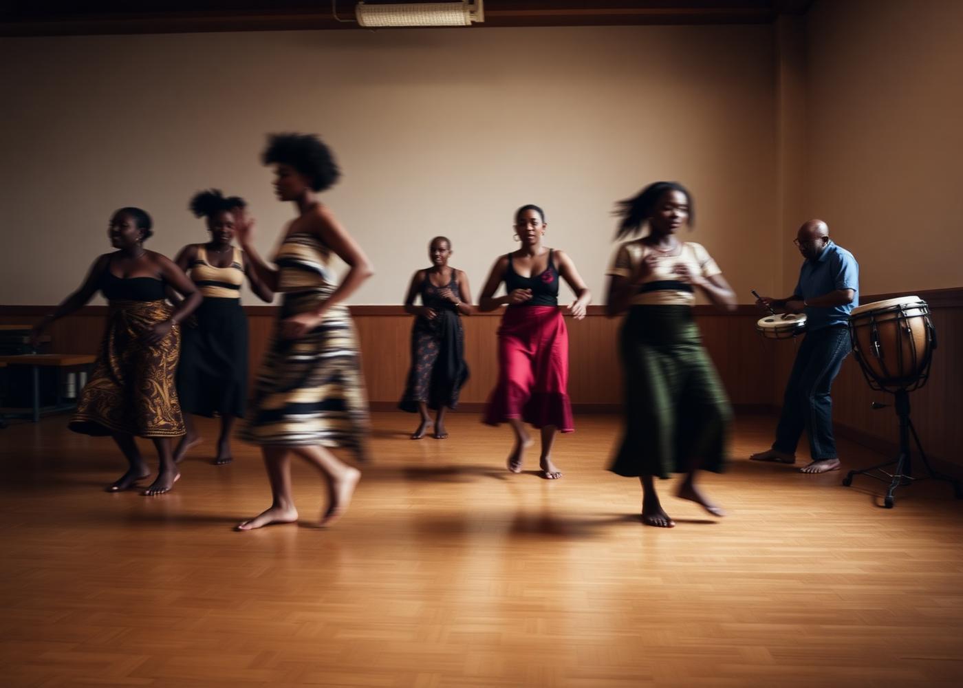 Dancers moving together in a dance workshop